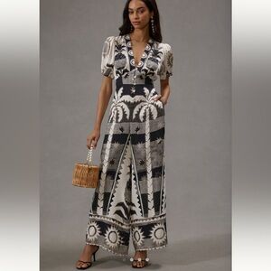 Farm Rio Puff-Sleeve Jumpsuit Black and White Tropical Sz Large